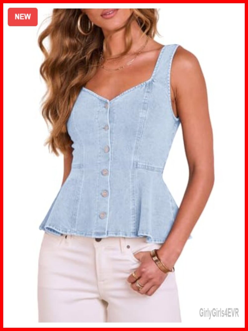 Denim Tank Top Sleeveless Sweetheart Neck Peplum Button Down Fitted Vest